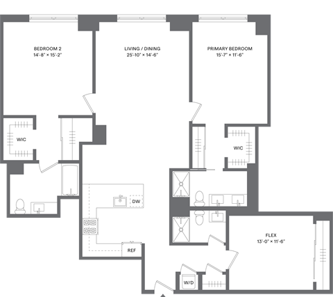 Floor plan for 2 beds, 3 baths, 1625 sqft